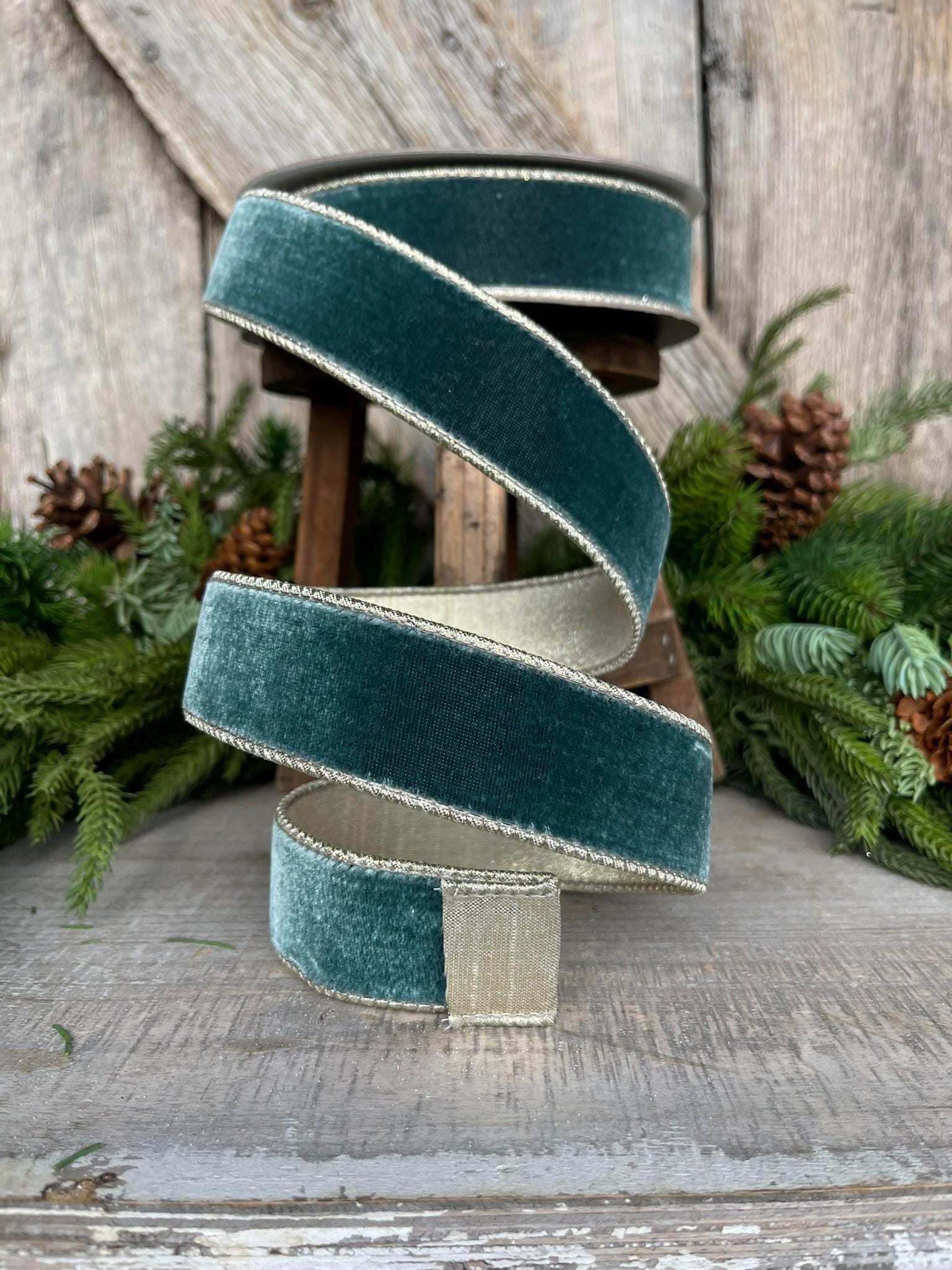 1.5" Teal Celadon Flashy Velvet Ribbon, Farrisilk ribbon, Christmas Velvet