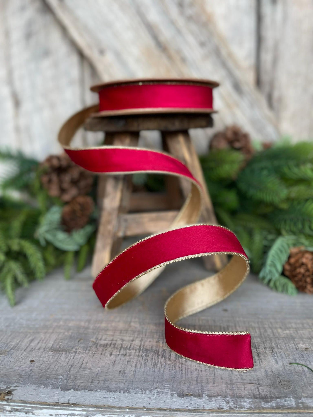 1" Red Gold Velvet Ribbon, Red Velvet Ribbon, Christmas RIbbon