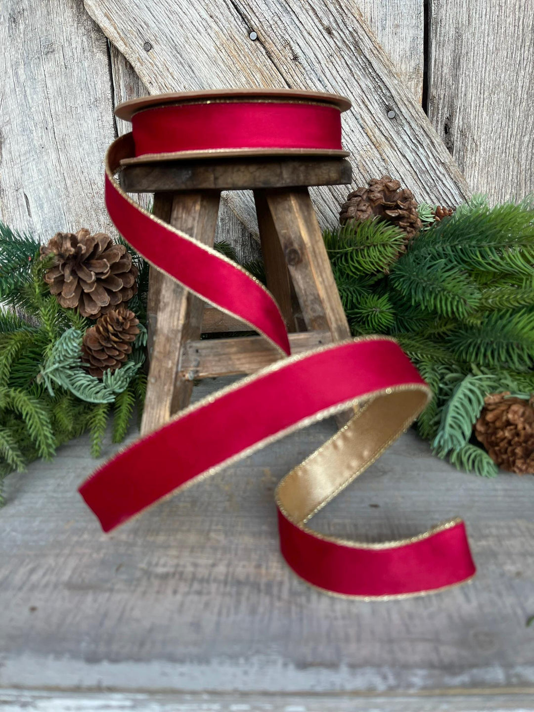 1" Red Gold Velvet Ribbon, Red Velvet Ribbon, Christmas RIbbon