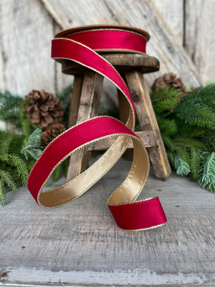 1" Red Gold Velvet Ribbon, Red Velvet Ribbon, Christmas RIbbon