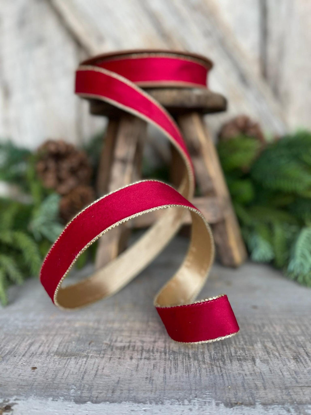 1" Red Gold Velvet Ribbon, Red Velvet Ribbon, Christmas RIbbon