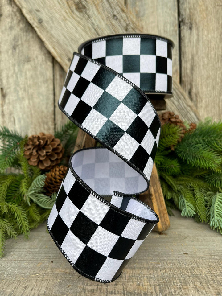 Black and White Foil Check Wired Ribbon - Farrisilk 2.5" x 10 Yards