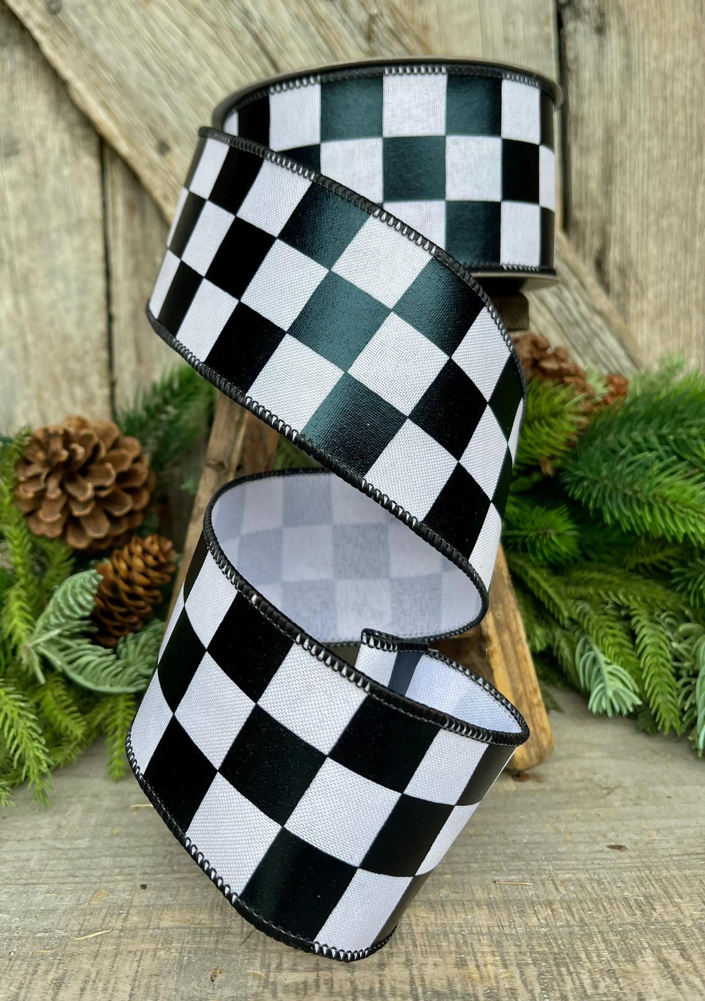 2.5" Black White Foil Check Ribbon, Farrisilk Ribbon, Checkered Ribbon