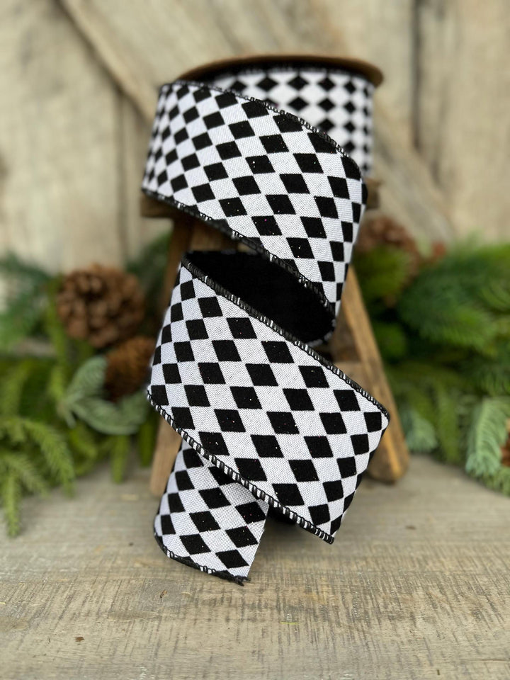 2.5" Black White Harlequin Ribbon, Flocked RIbbon