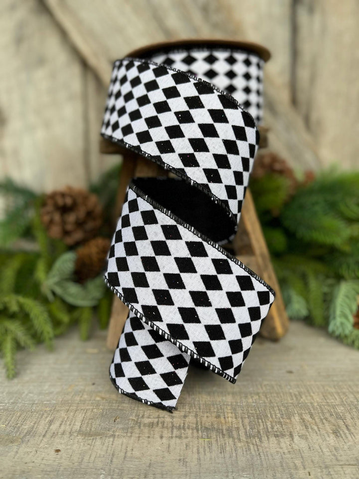 2.5" Black White Harlequin Ribbon, Flocked RIbbon, Halloween Ribbon