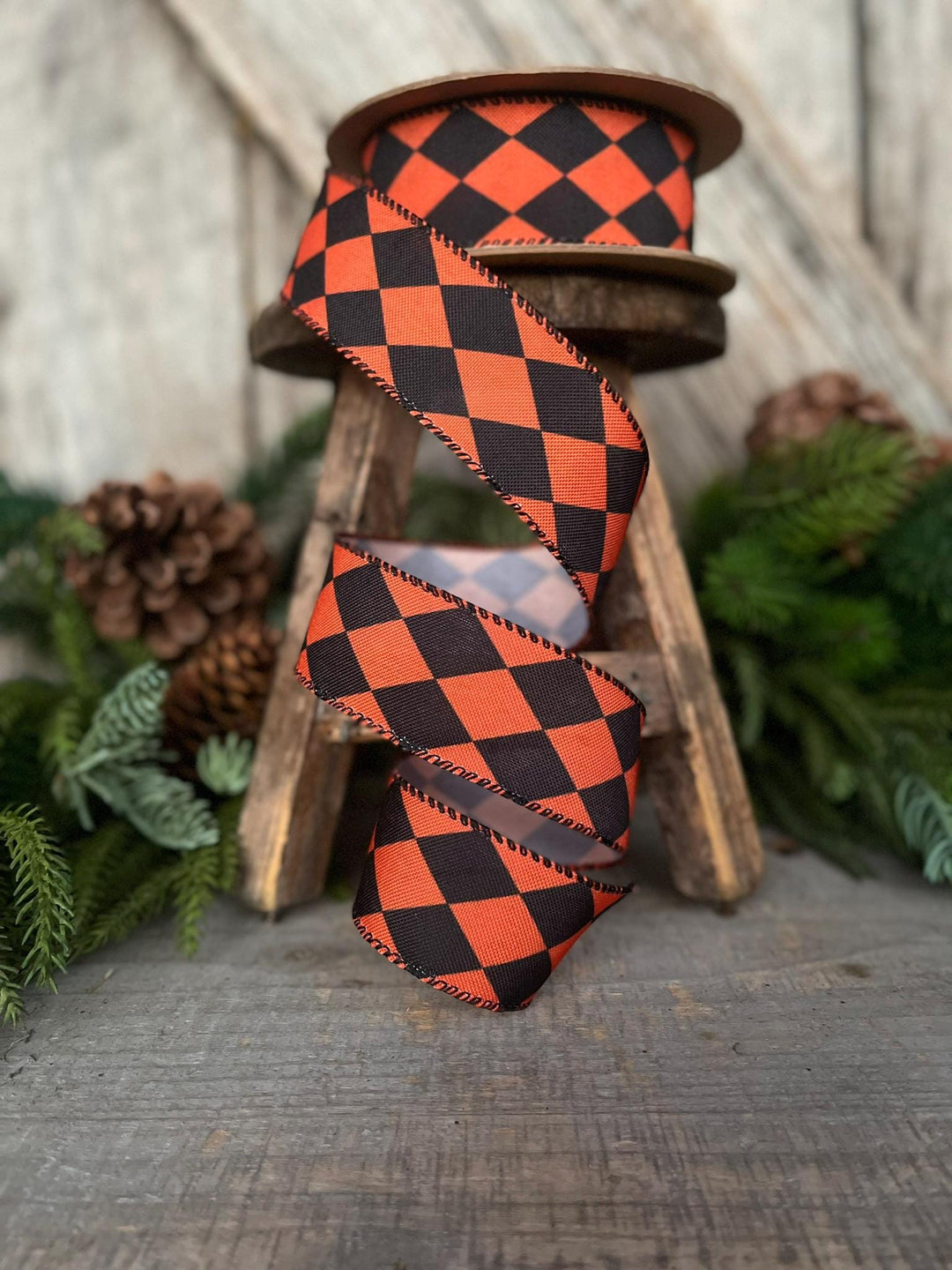 1.5" Orange Black Harlequin Ribbon, Halloween RIbbon, Wired Ribbon