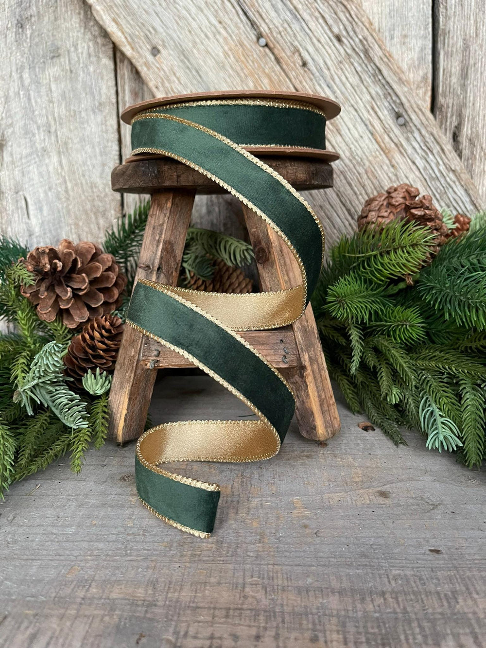 1" Green Velvet Ribbon, Green & Gold Velvet Ribbon, Christmas RIbbon