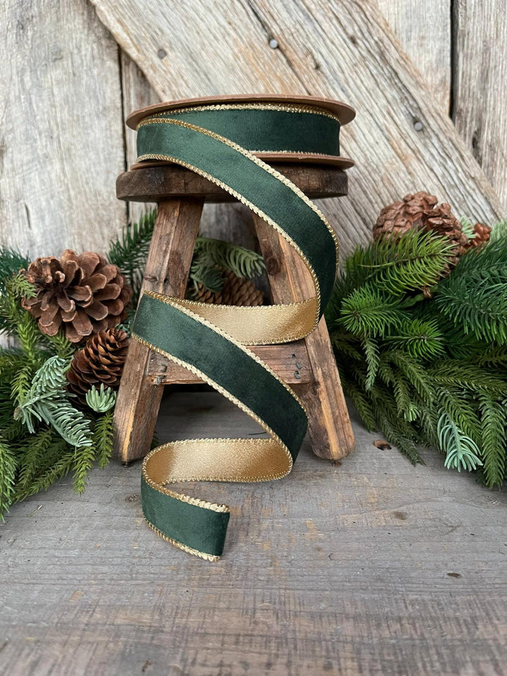 1" Green Velvet Ribbon, Green &amp; Gold Velvet Ribbon, Christmas RIbbon