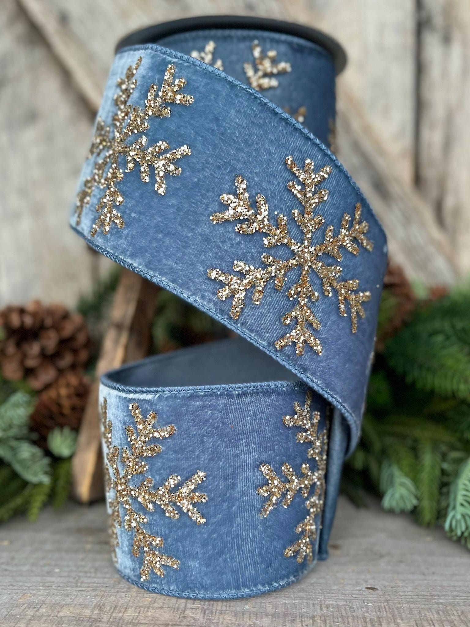 4" Steel Blue Velvet RIbbon, GLitter Snowflake RIbbon, Farrisilk Ribbon