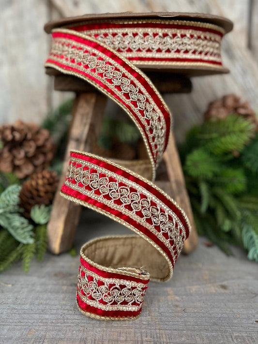 1.5" Red Velvet Trim RIbbon, Red Christmas RIbbon, Red Designer Ribbon