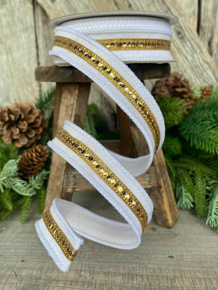 1" White Gold Twinkle Trim Ribbon, Farrisilk ribbon, Gold Jeweled RIbbon