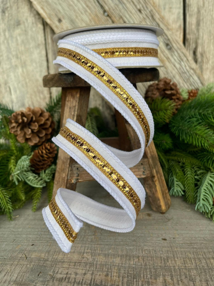 1" White Gold Twinkle Trim Ribbon, Farrisilk ribbon, Gold Jeweled RIbbon