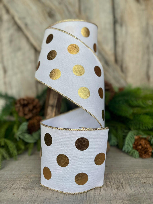 4" Gold Polka Dot Ribbon, Christmas tree ribbon, Farrisilk Ribbon