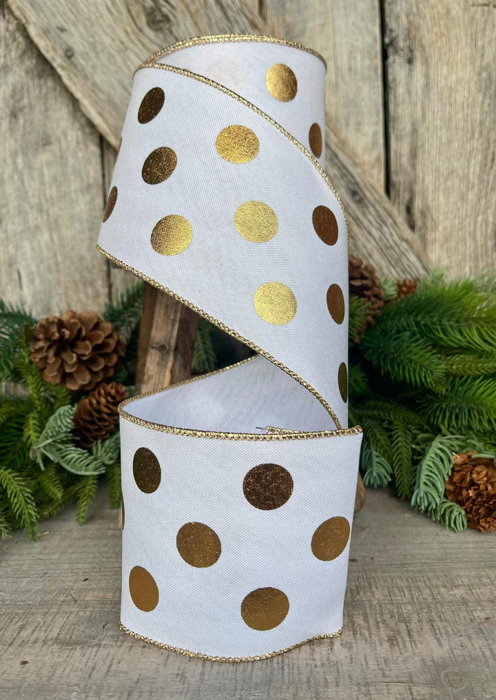 4" Gold Polka Dot Ribbon, Christmas tree ribbon, Farrisilk Ribbon