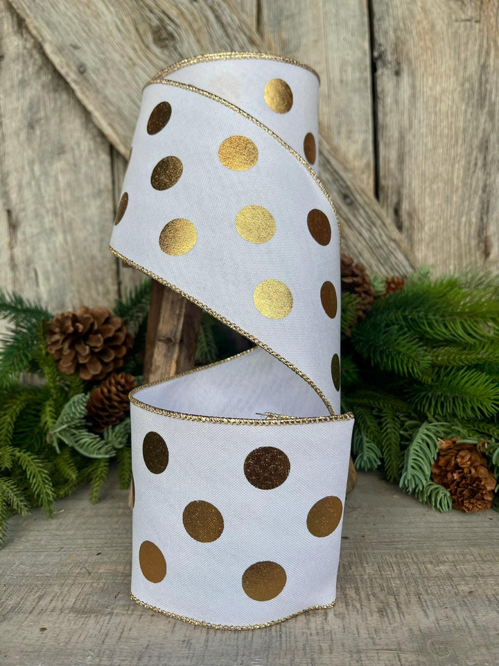 4" Gold Polka Dot Ribbon, Christmas tree ribbon, Farrisilk Ribbon