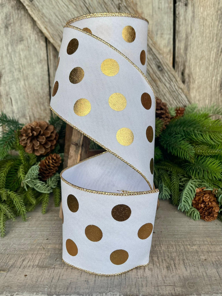 4" Gold Polka Dot Ribbon, Christmas tree ribbon, Farrisilk Ribbon