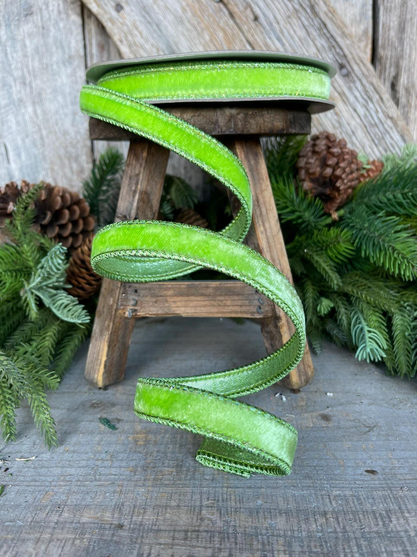 3/4" Bright Lime Green Velvet Ribbon, Farrisilk ribbon, Christmas Ribbon