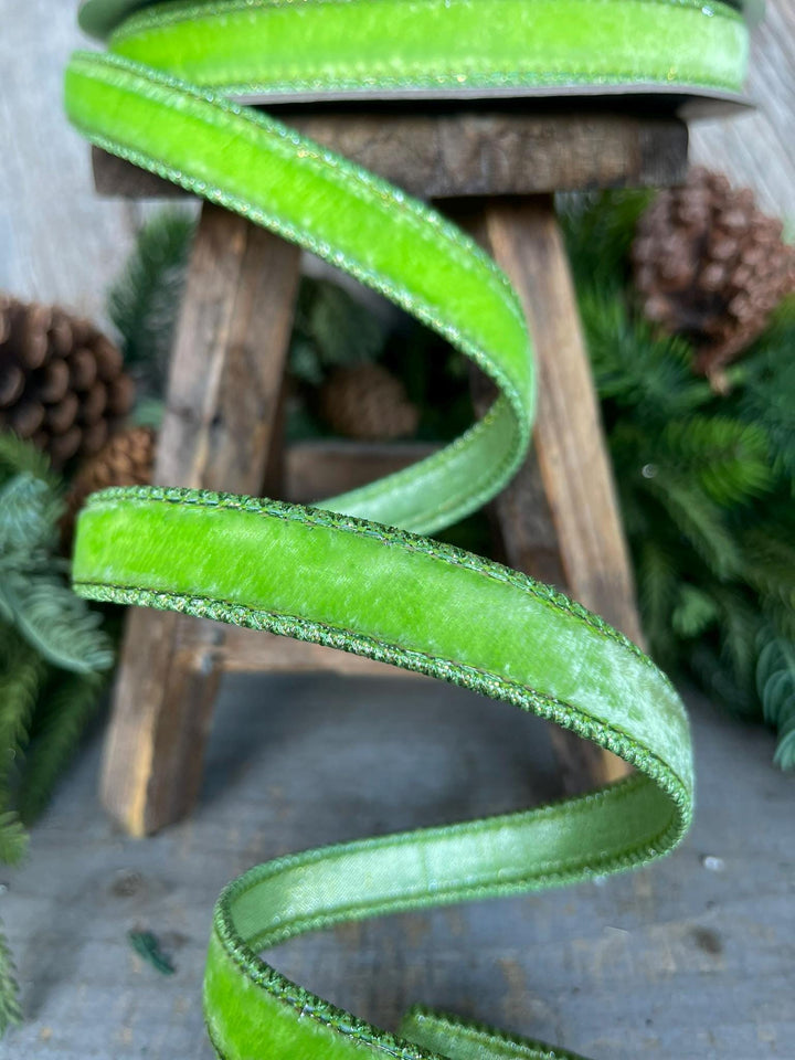 3/4" Bright Lime Green Velvet Ribbon, Farrisilk ribbon, Christmas Ribbon