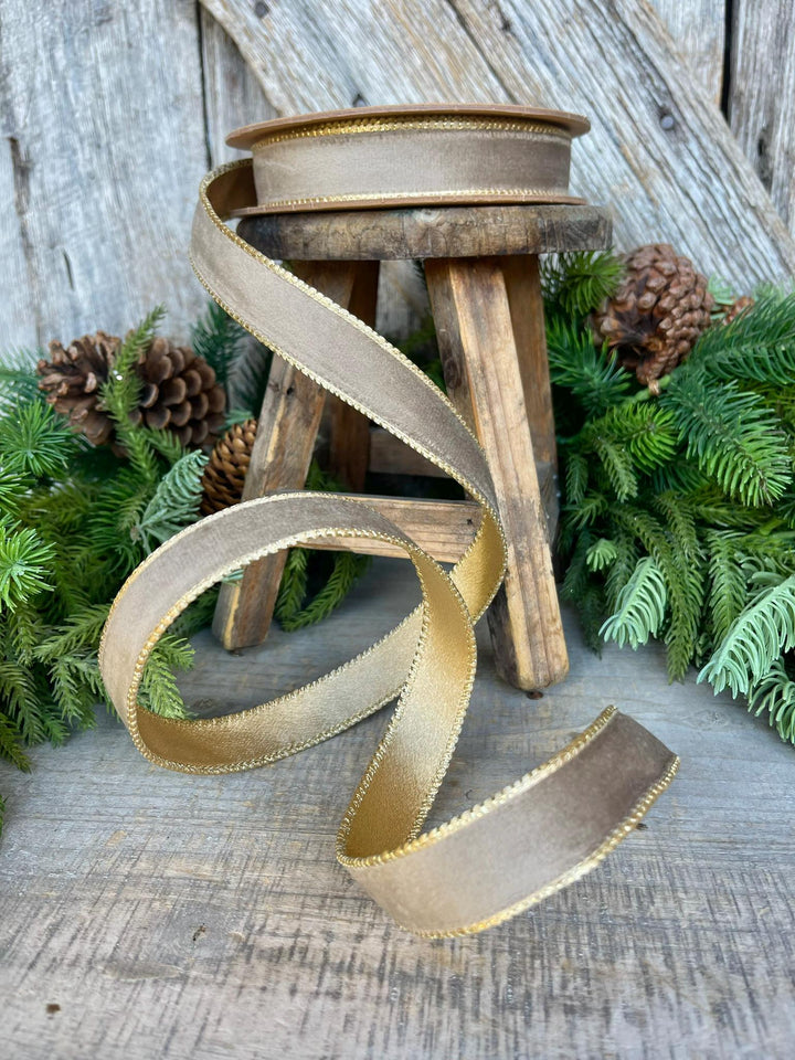 1" Mink Brown Velvet RIbbon, Wired Ribbon, Champagne Gold Velvet Ribbon