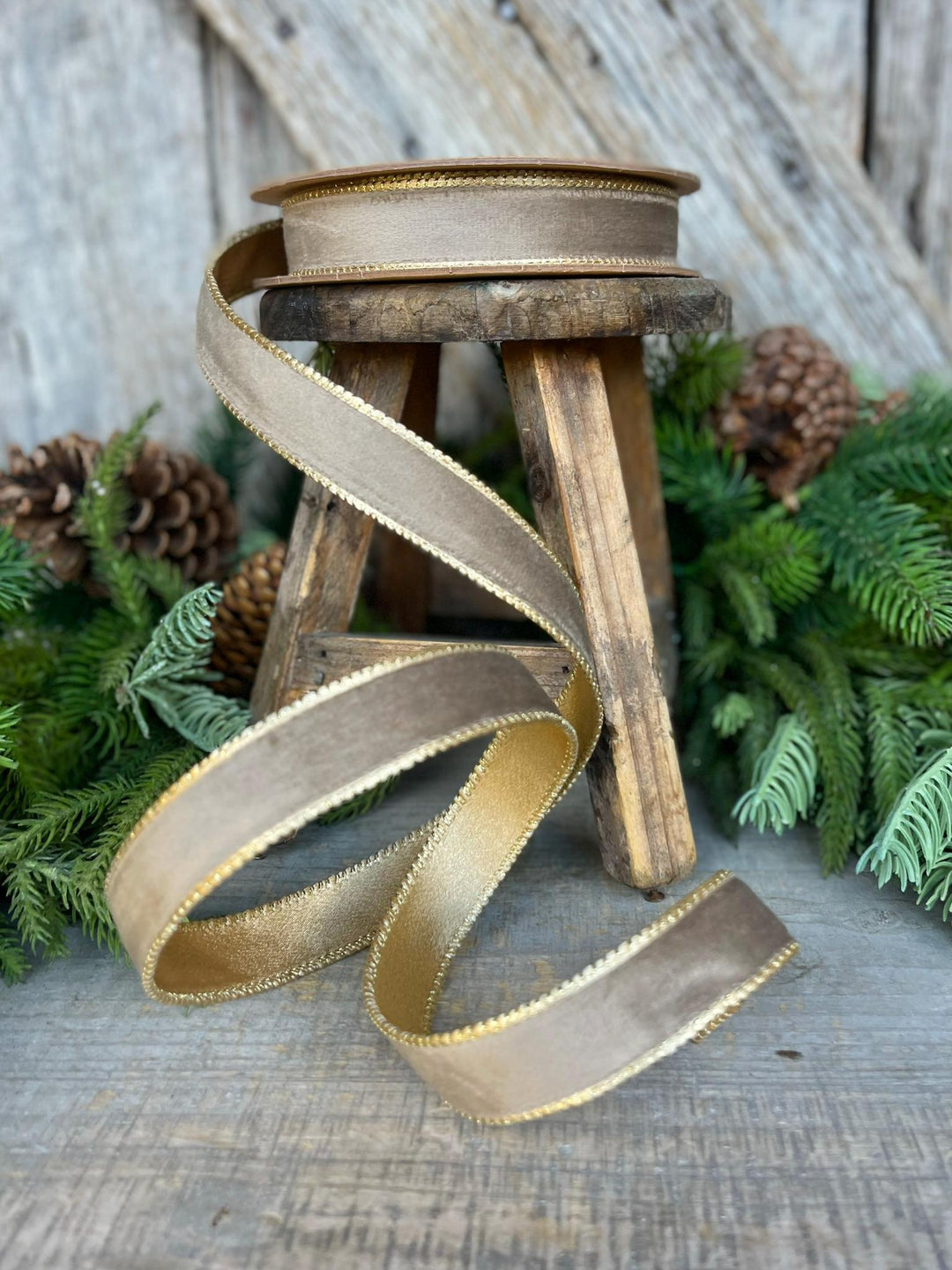 1" Mink Brown Velvet RIbbon, Wired Ribbon, Champagne Gold Velvet Ribbon