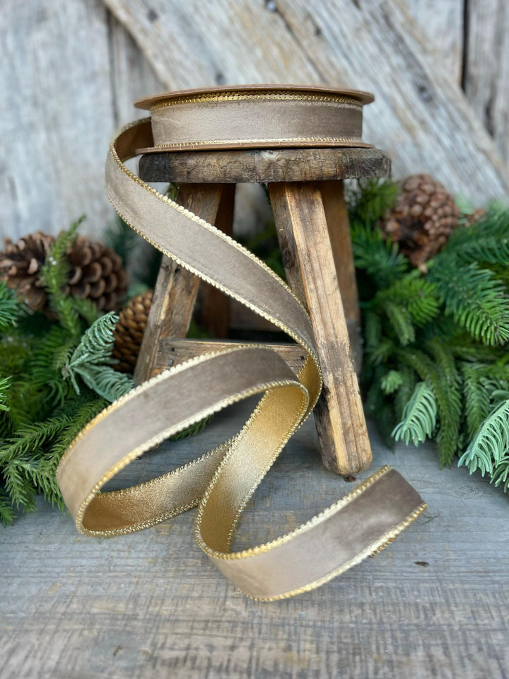 1" Mink Brown Velvet RIbbon, Wired Ribbon, Champagne Gold Velvet Ribbon