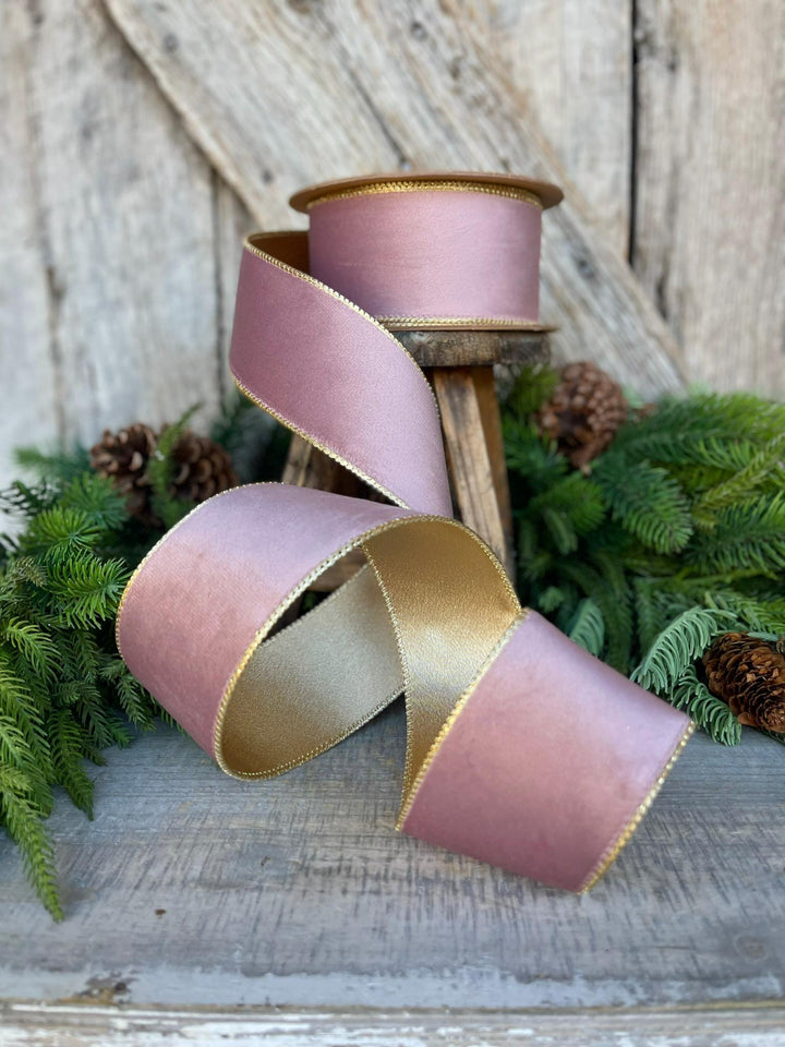 2.5" Dusty Pink Velvet Ribbon, Pink &amp; Gold Velvet Ribbon, Wired Ribbon