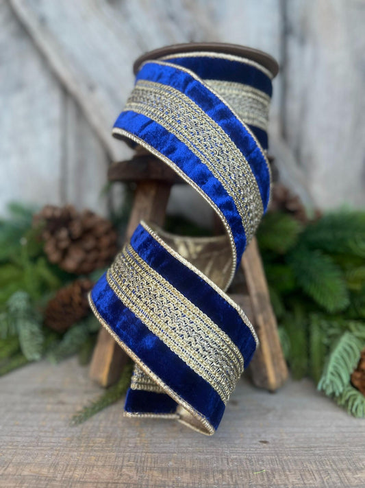 2.5" Blue and Gold Trim Ribbon, Royal Blue Ribbon