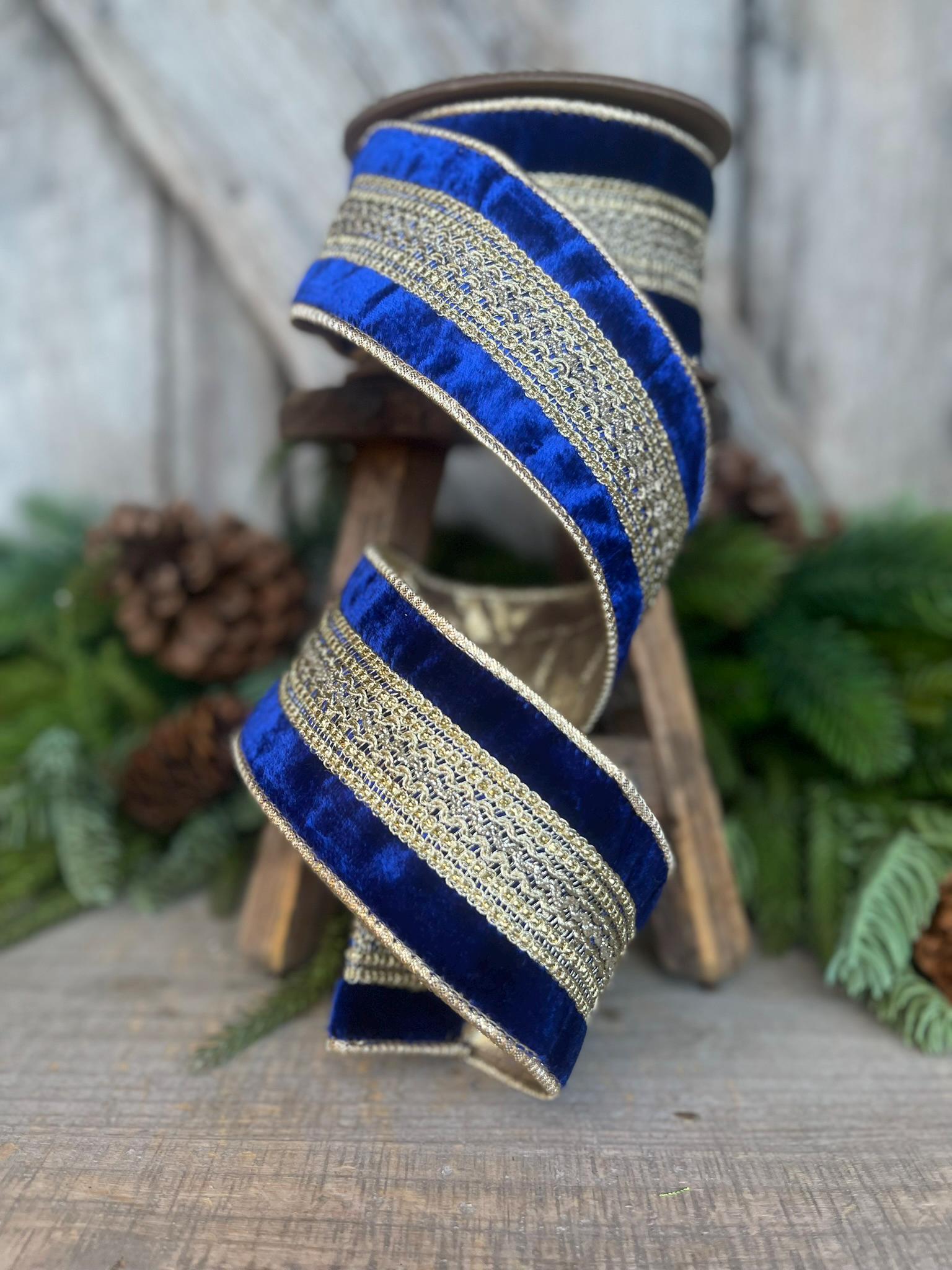 2.5" Blue and Gold Trim Ribbon, Royal Blue Ribbon