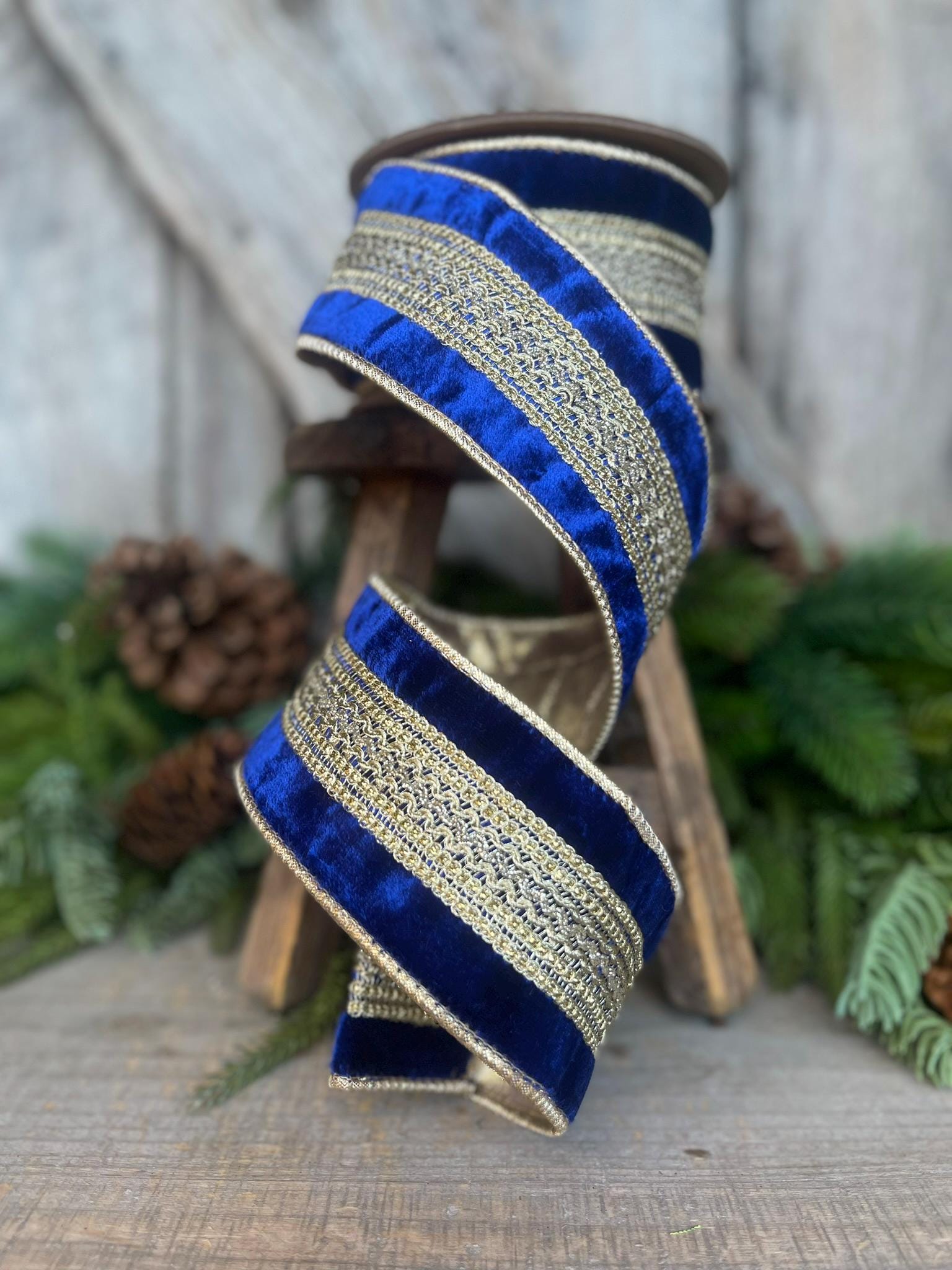 2.5" Blue and Gold Trim Ribbon, Royal Blue Ribbon
