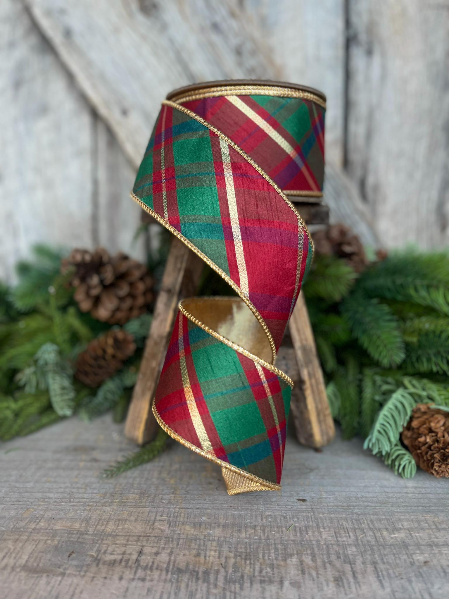 2.5" Christmas Plaid Ribbon, Red Green Gold Plaid Ribbon, Traditional Christmas Ribbon