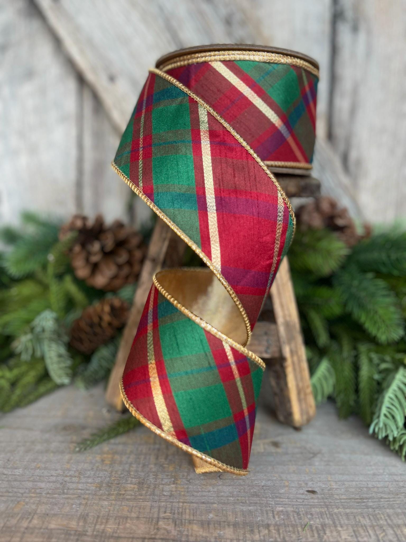 2.5" Christmas Plaid Ribbon, Red Green Gold Plaid Ribbon, Traditional Christmas Ribbon