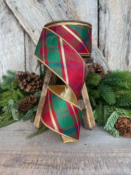 2.5" Christmas Plaid Ribbon, Red Green Gold Plaid Ribbon, Traditional Christmas Ribbon