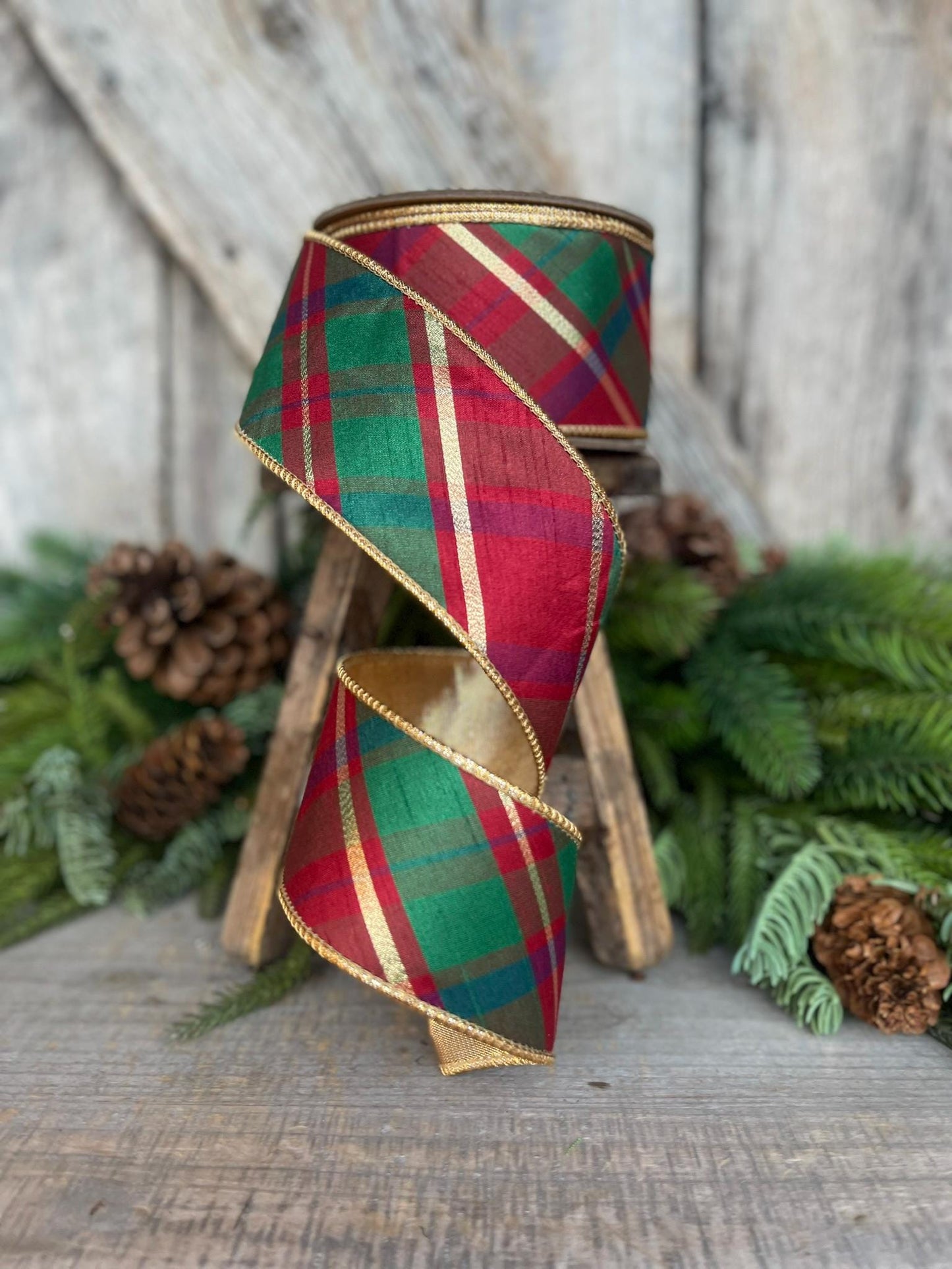 2.5" Christmas Plaid Ribbon, Red Green Gold Plaid Ribbon, Traditional Christmas Ribbon