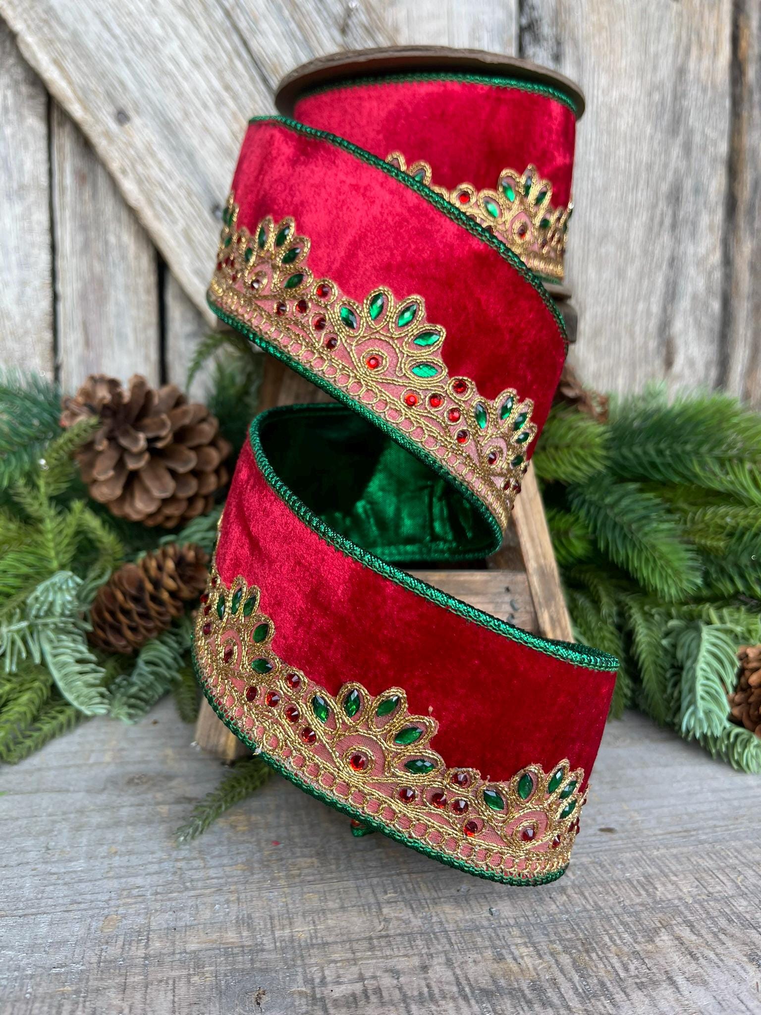 2.5" Red Velvet Jeweled Ribbon, Red Green Jeweled Ribbon, Christmas Ribbon