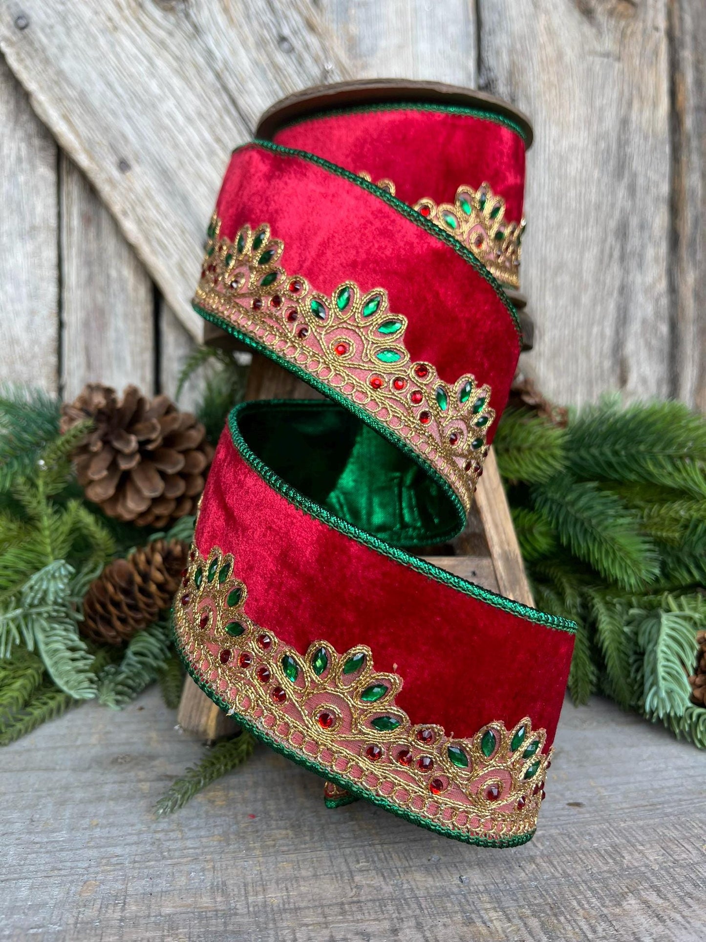 2.5" Red Velvet Jeweled Ribbon, Red Green Jeweled Ribbon, Christmas Ribbon