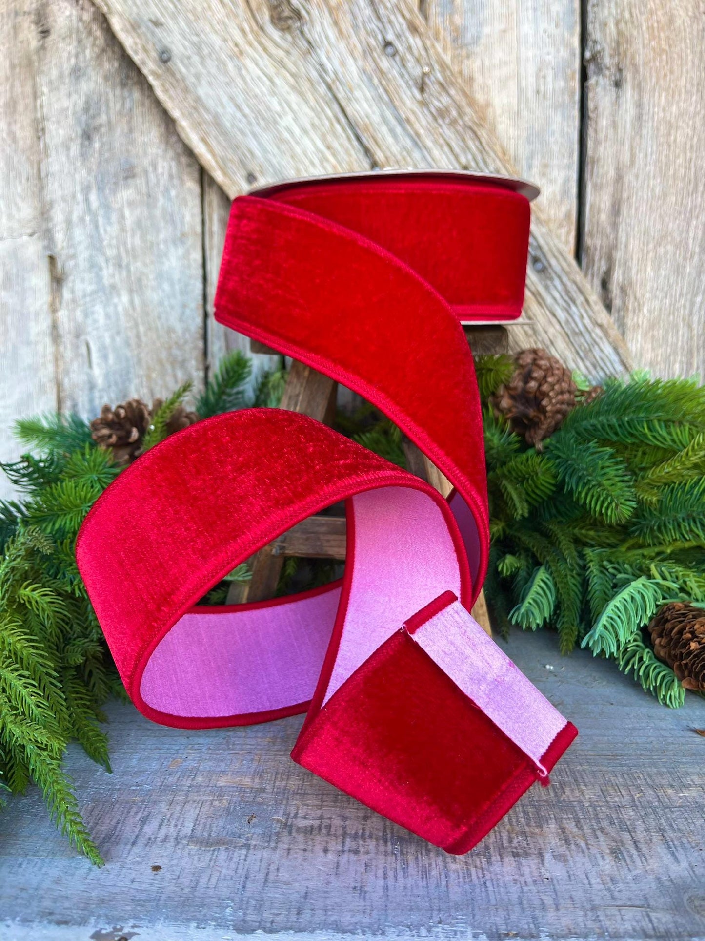 2.5" Red Pink Velvet Ribbon, Farrisilk Ribbon, Wired Ribbon