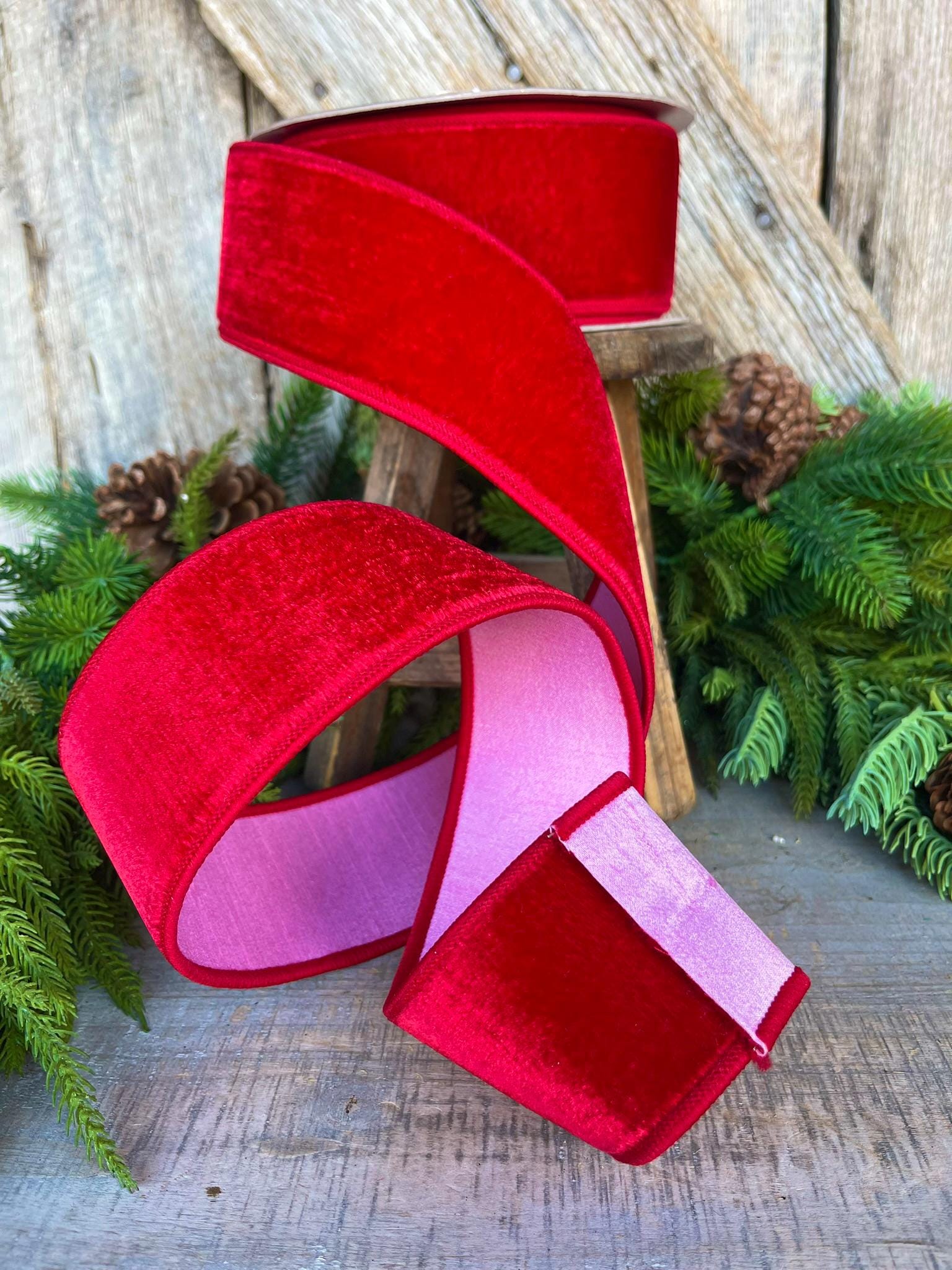 2.5" Red Pink Velvet Ribbon, Farrisilk Ribbon, Wired Ribbon