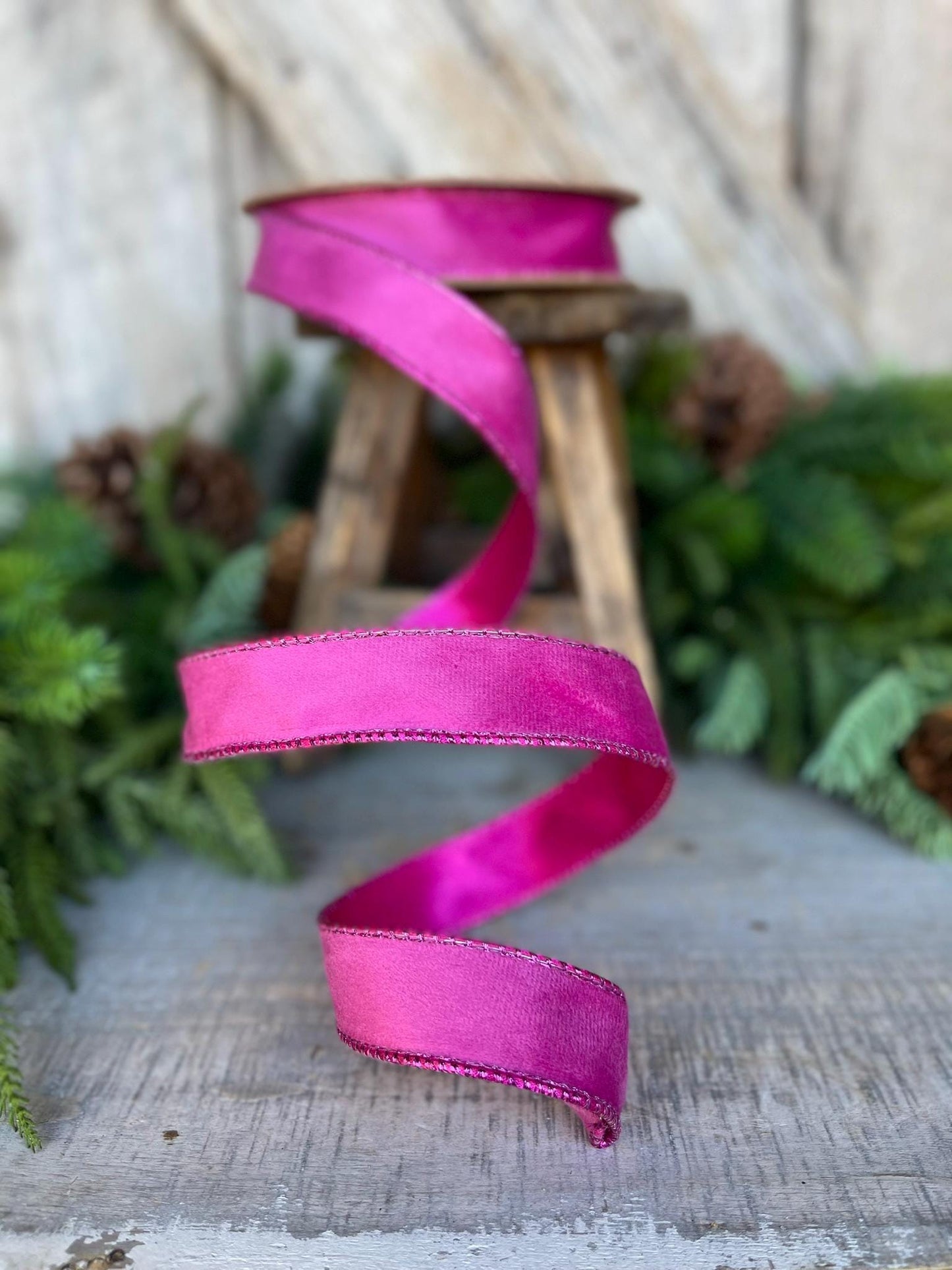 1" Hot Pink Velvet Ribbon, Wired Ribbon, Christmas Ribbon