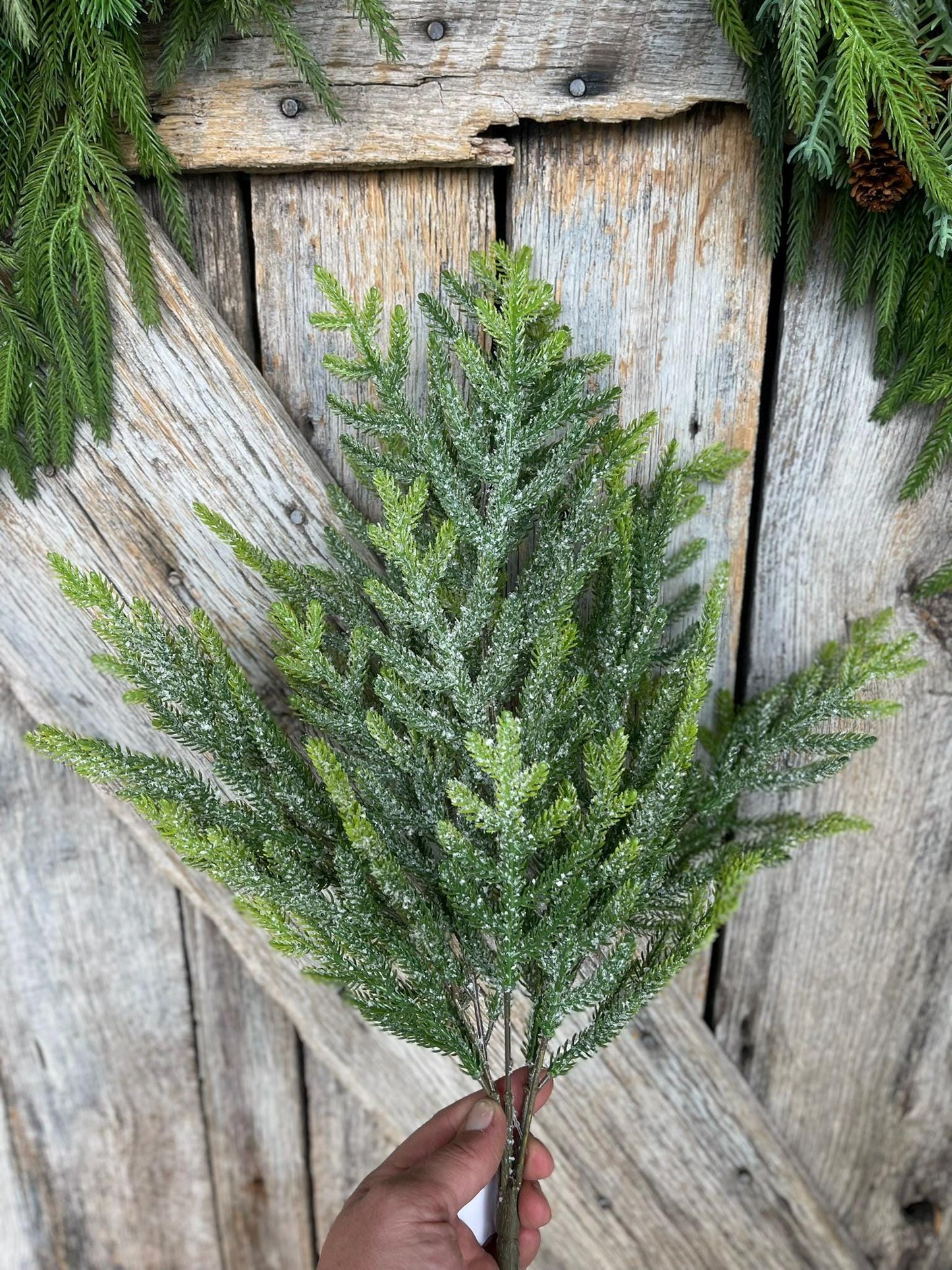 21" Norfolk Iced Pine Spray, Real Touch Norfold Pine, Artificial Pine Spray