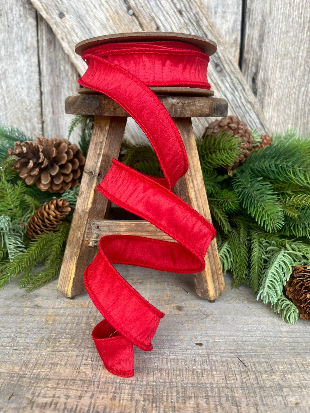 1” Red Dupioni Ribbon, ribbon, wired ribbon