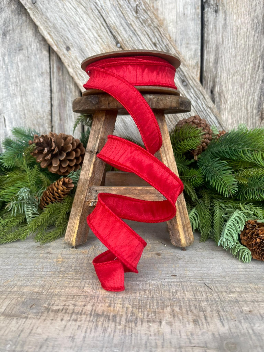 1” Red Dupioni Ribbon, ribbon, wired ribbon