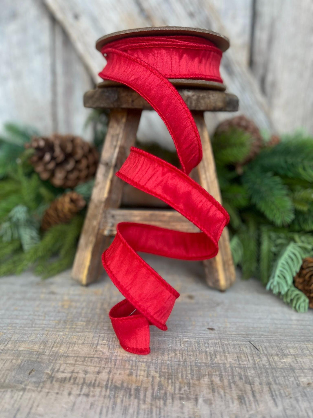 1” Red Dupioni Ribbon, ribbon, wired ribbon