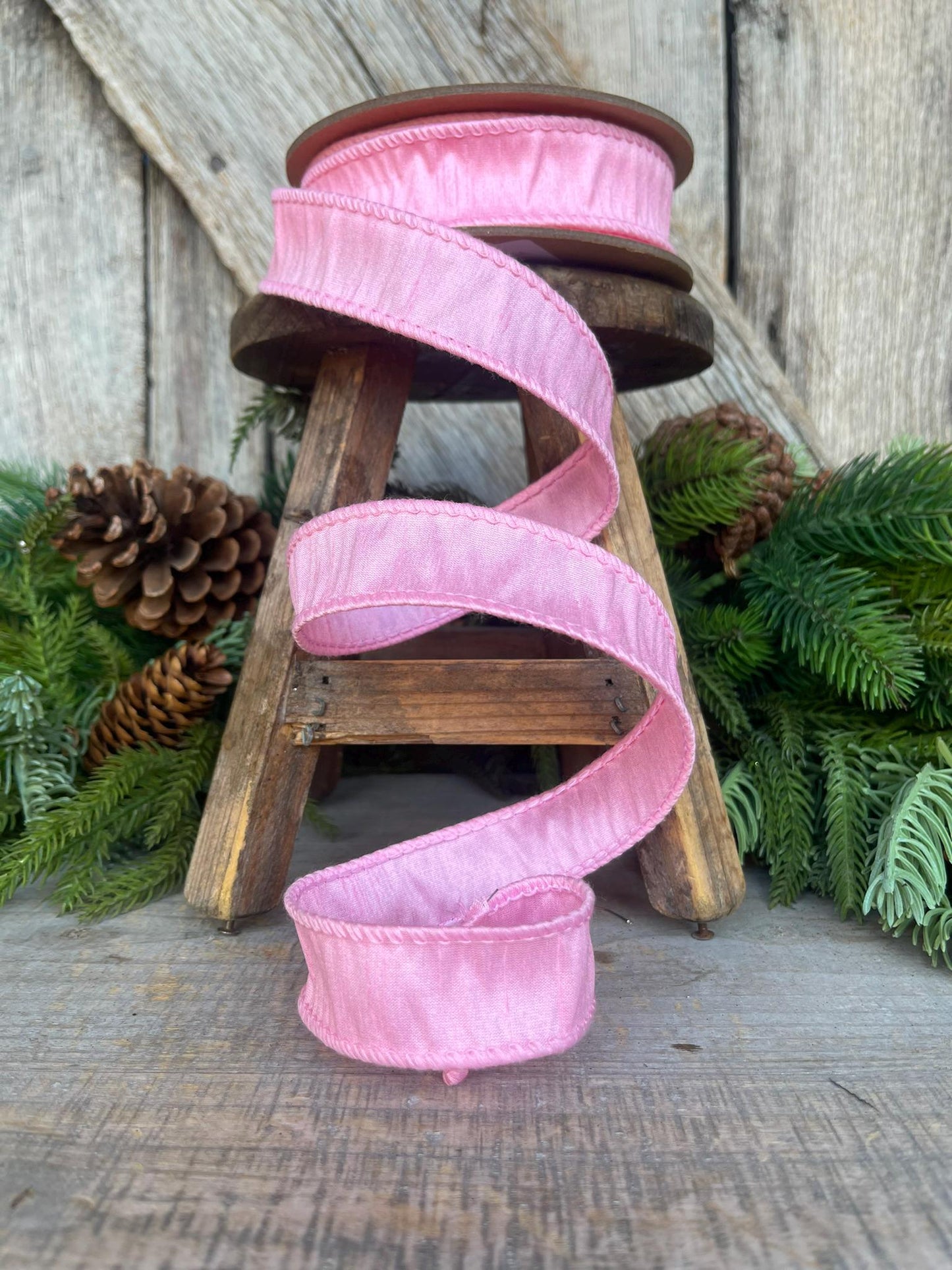 1" Pink Dupioni Ribbon, Wired Ribbon, Narrow Ribbon