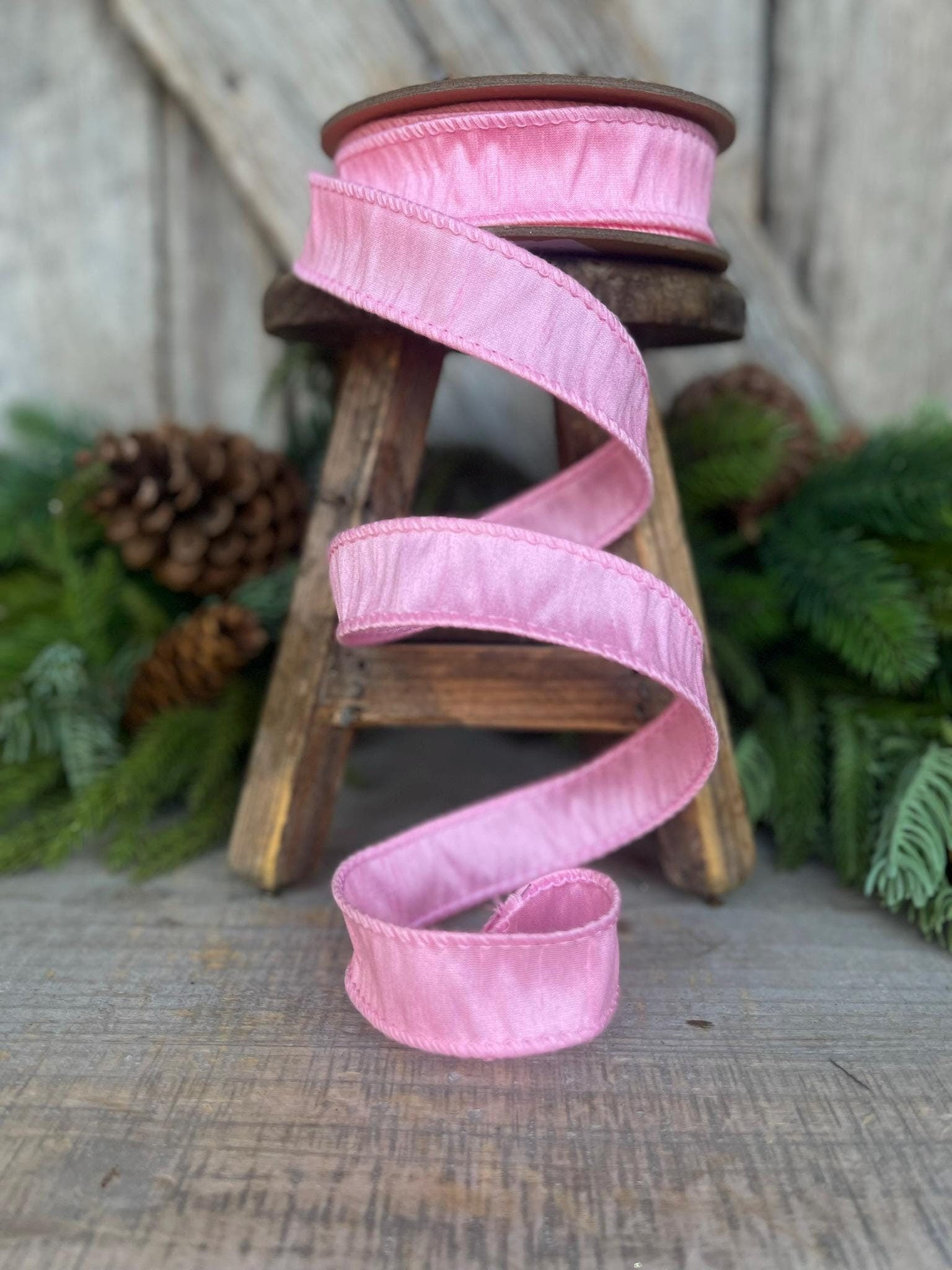 1" Pink Dupioni Ribbon, Wired Ribbon, Narrow Ribbon