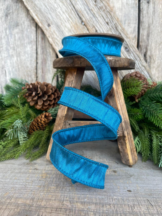 1" Turquoise Dupion Ribbon, wired ribbon, Christmas Ribbon