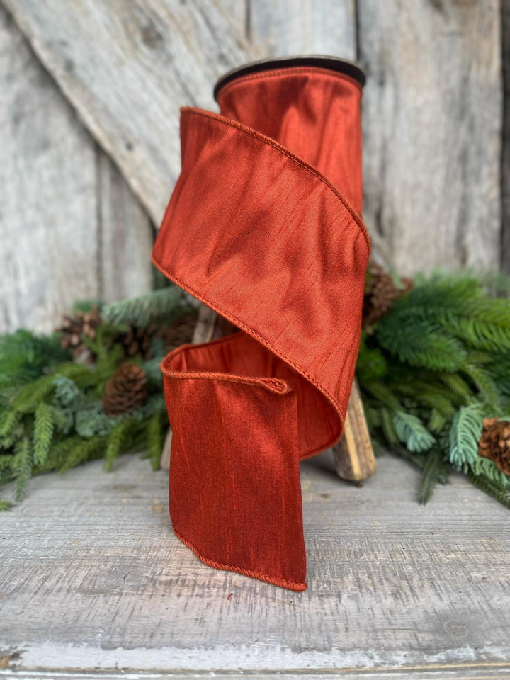 4" Rust Orange Dupioni Ribbon, Wired Ribbon, Fall Ribbon