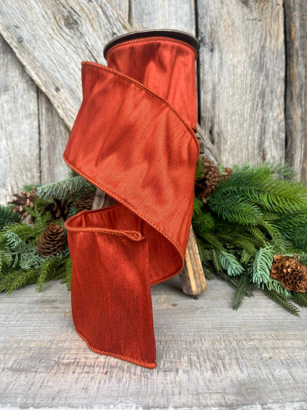 4" Rust Orange Dupioni Ribbon, Wired Ribbon, Fall Ribbon