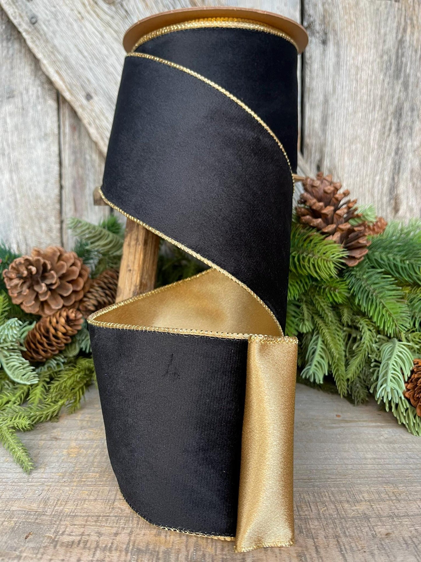 4" Black Velvet Ribbon, Wired RIbbon, Black Gold Velvet Ribbon