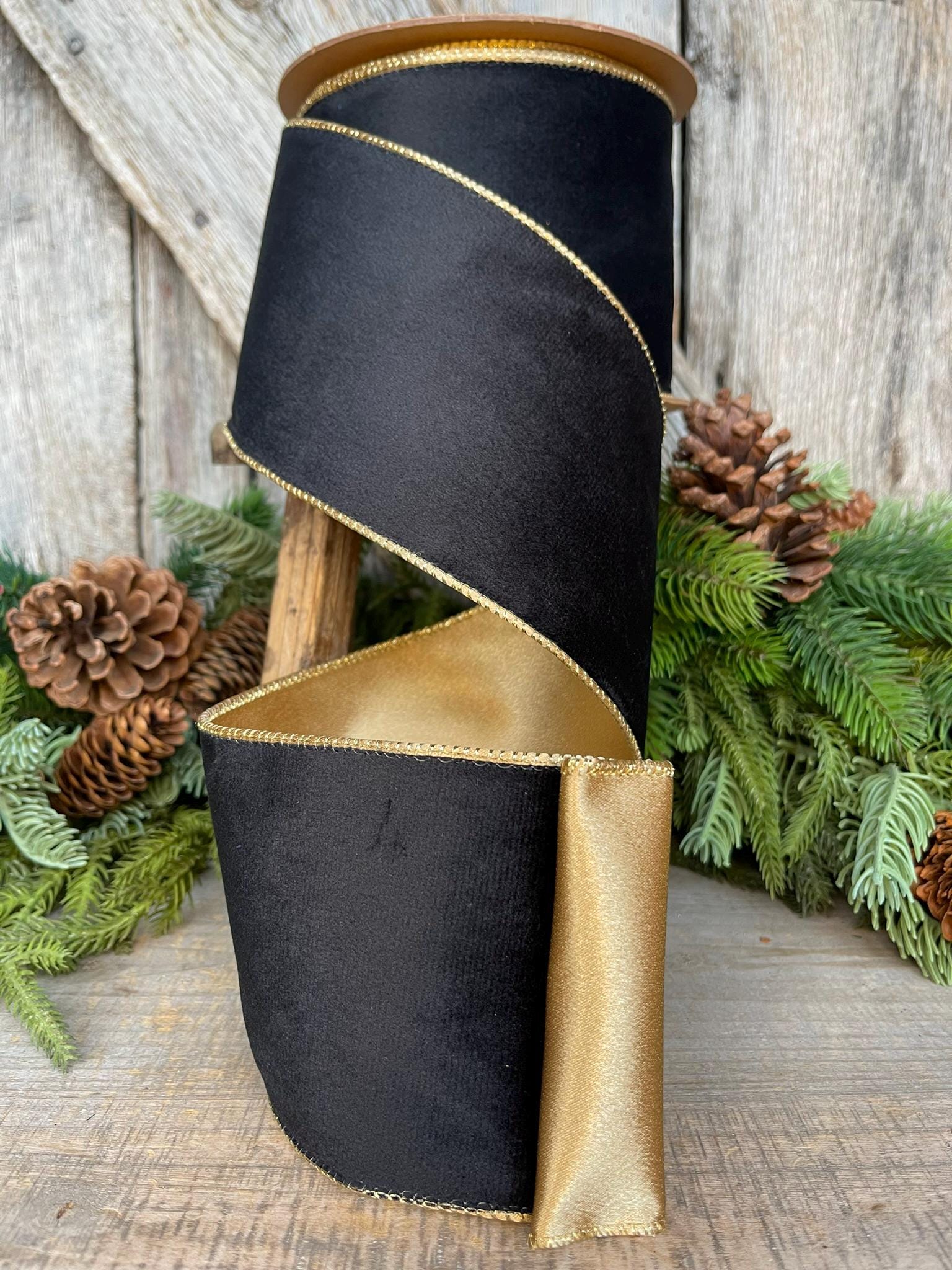 4" Black Velvet Ribbon, Wired RIbbon, Black Gold Velvet Ribbon