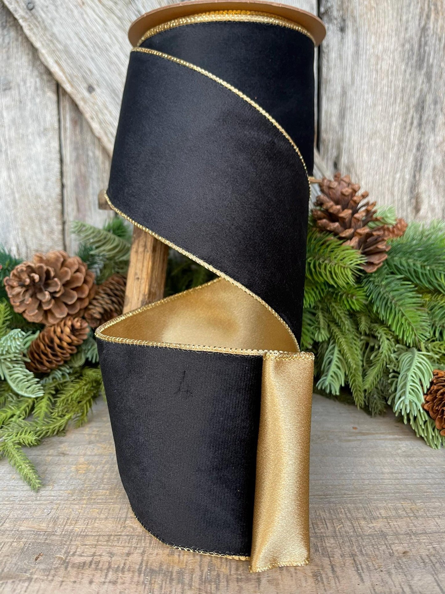 4" Black Velvet Ribbon, Wired RIbbon, Black Gold Velvet Ribbon